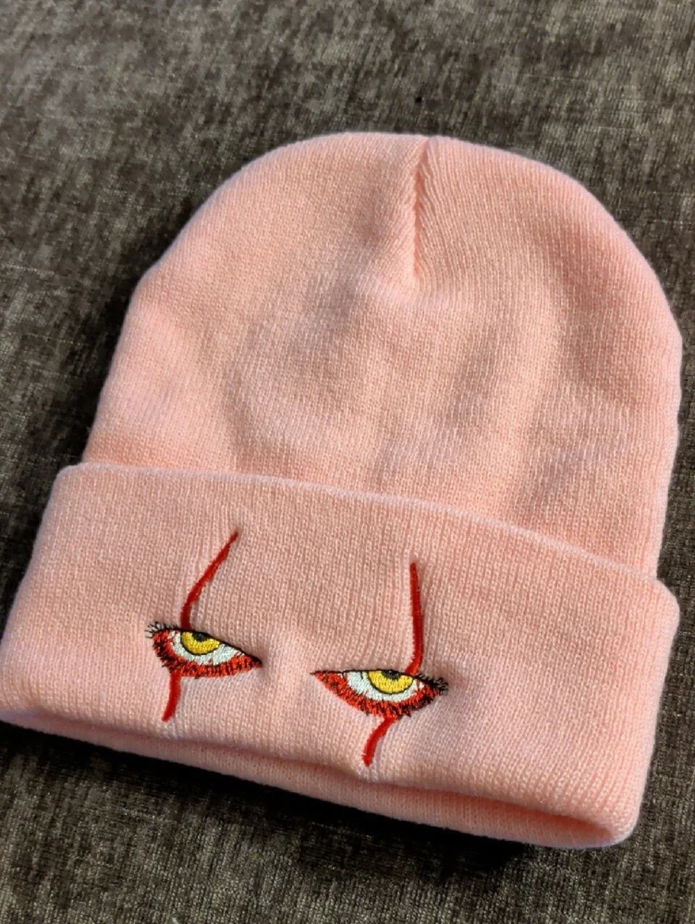 Kids Pink Knit Stephen King Pennywise Beanie Hat with Embroidered Accent